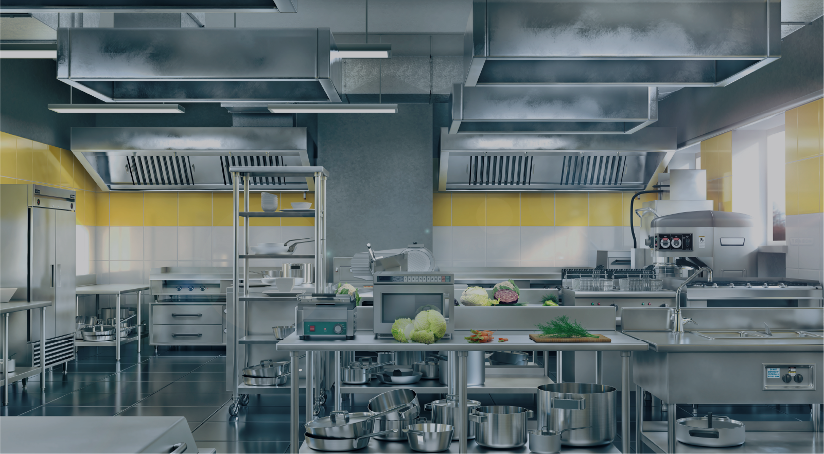 A nicely-stocked commercial kitchen with stainless steel device and organized shelving.